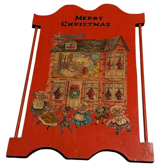 Merry Christmas Mice VTG Mounted on Wood Lacquered Holiday MCM Home Decor READ - Picture 3 of 8